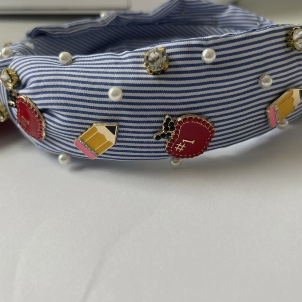 Piper K Teacher School Themed Striped Headband with Apple, Pencil Accents BNW
